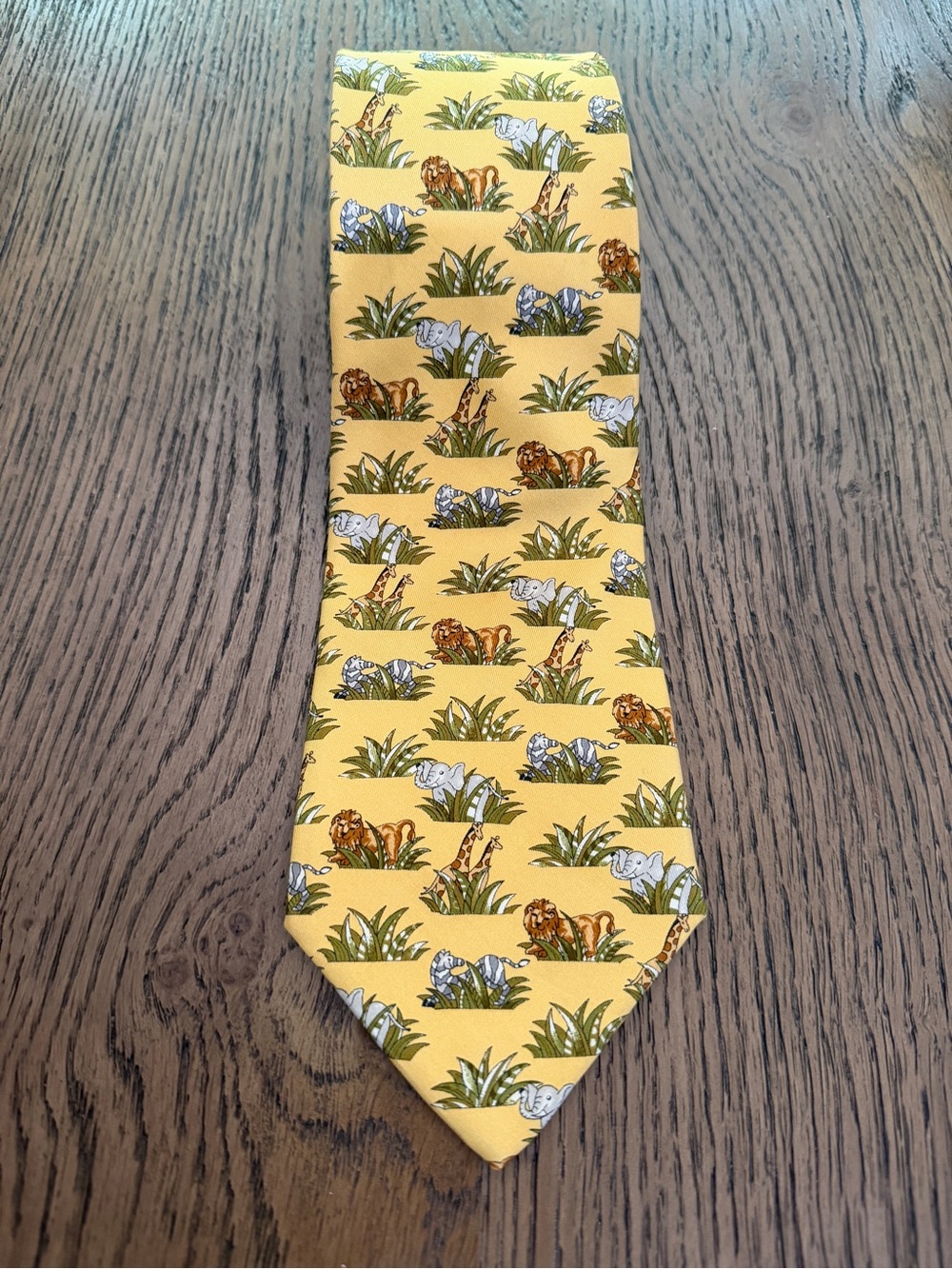 Salvatore Ferragamo Silk Tie Yellow Safari Animal Print Elephants Giraffes Lions